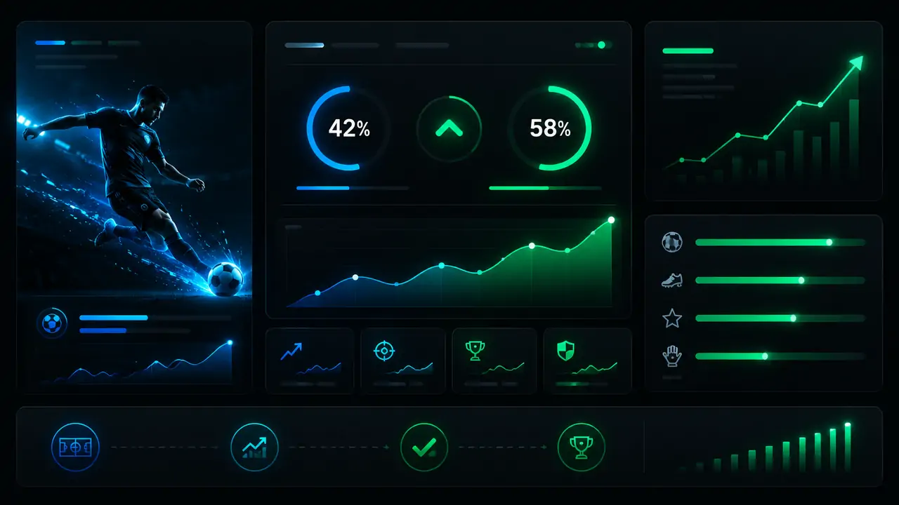 Neon football predictions dashboard showing analytics, performance and betting ladder progress
